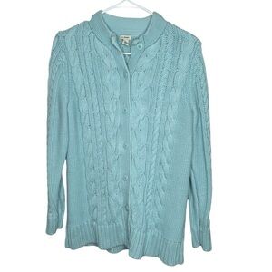 Ll Bean Women’s Cable Knit Lt Blue Button Front Cardigan Large